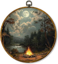 Hiuwevt Forest Campfire Round Wall Art Decor, Vintage Moody Pine Tree Campsite Framed Canvas Prints, Retro Rustic Forest Camping Round Wall Hanging Decor for Bedroom Home Decorations, 10x10 Inches
