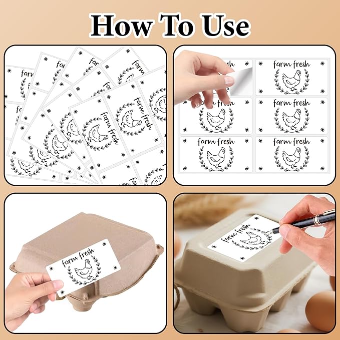 60Pcs 2" x 4" Farm Fresh Egg Carton Sticker Rectangle White Self Adhesive Fresh Egg Labels Cartoon Packaging Stickers Tags for Box Containers Business Farmhouse Market Supplies