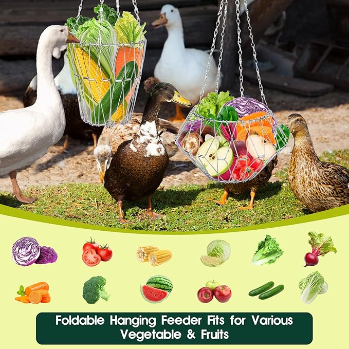 2PCS Hanging Chicken Feeders Baskets, Foldable Chicken Toys for Coop Vegetables Fruits Hanging Feeder, Vegetable Basket, Fruit Flower Basket with17inches Chain for Gooses Duck Farm House(2PCS)