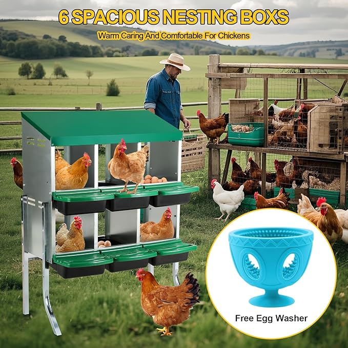 Two-Tier Chicken Nesting Box,6 Hole Metal Chicken Egg Laying Box with Swing Perch and Rollout Egg Collection Protect Eggs