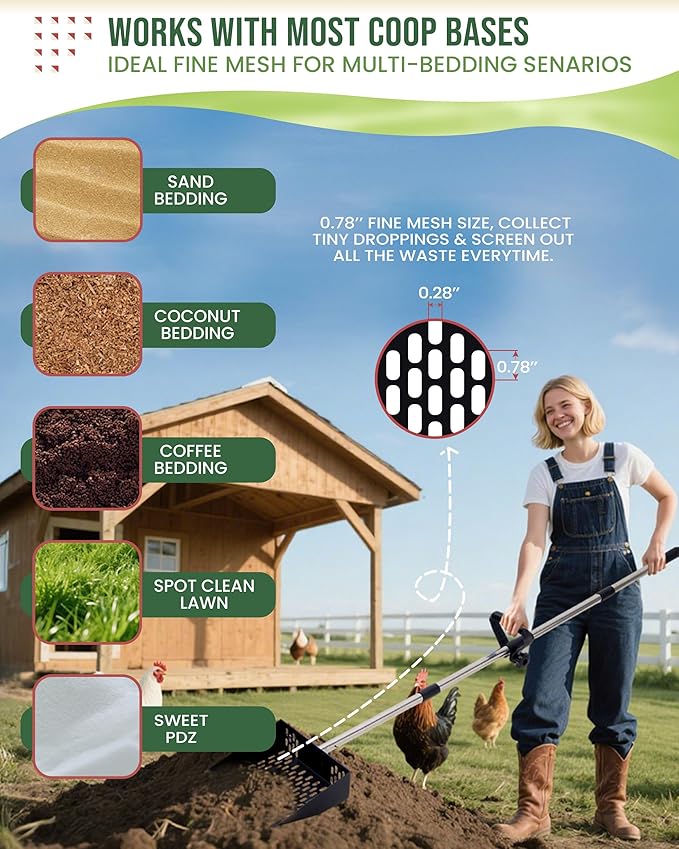2-in-1 Chicken Poop Scooper & Rake –10” Wide Metal Sifting Shovel with Fine Mesh Slots, Chicken Pooper Scooper for Sand with Adjustable 39–67” Stainless Steel Handle, Animal Waste & Coop Cleaning Tool