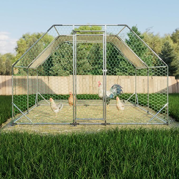 Large Metal Chicken Coop, 9.94x6.46x6.36 ft Walk-in Chicken Runs for Yard with Waterproof Cover, Flat Shaped Chicken House with Door for Outdoor and Backyard, Farm, Duck Rabbit Cage