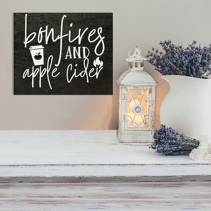 JennyGems Bonfires & Apple Cider Wooden Sign Cozy Fall Farmhouse Decor, Rustic Autumn Decorations, Made in USA