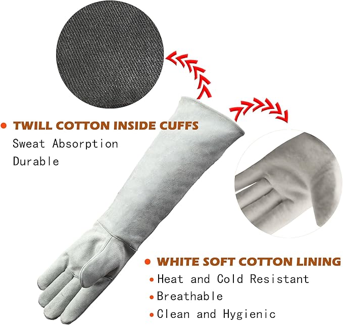 23.6 In Leather Welding Gloves for Animal Handling,Grabbing Reptile, Grooming,Trips to Vet,BBQ,Fireplace.Puncture & Scratch Resistant, Bite Proof for Cat Dog Bird Falcon Livestock Snake M White
