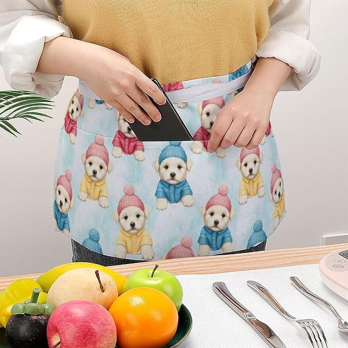 Unisex Apron for Cooking Server Waitress Half Waist Apron with 3 Pockets