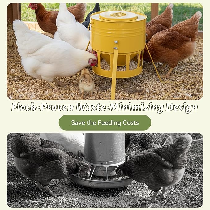 KOL Metal Chicken Feeder - 20lbs No Waste Chicken Feeder with 12 Ports, Powder Coated Rust-Proof Design & Smooth Edges for Safe Feeding (Yellow)