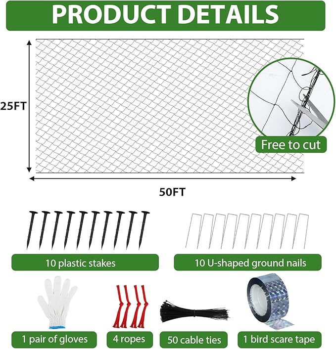 Unves Bird Netting 25' x 50' with 2.4" Square Mesh Bird Net for Chicken Coop, Heavy Duty Nylon Poultry Netting for Garden Protect Fruit Trees, Vegetables and Plants Against Birds, Deer