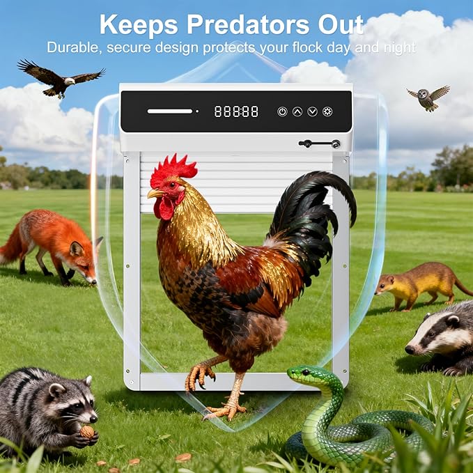 Automatic Chicken Coop Door Solar, Battery Powered & Weatherproof Aluminum, Timer Modes for Safe and Convenient Chicken, Easy Install, Reliable All-Season Performance (White+Black)