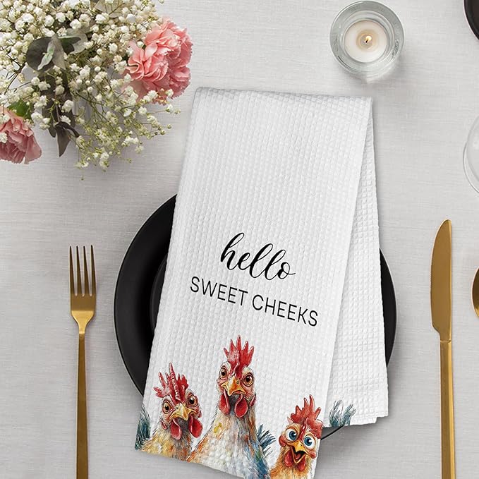 Funny Chicken Rooster Gifts Kitchen Towels and Dish Towel, Hello Sweet Cheeks Bathroom Decor, Rooster Decor Hand Towels, Chicken Decorative Dish Tea Hand Towel for Bathroom Kitchen, 16x24