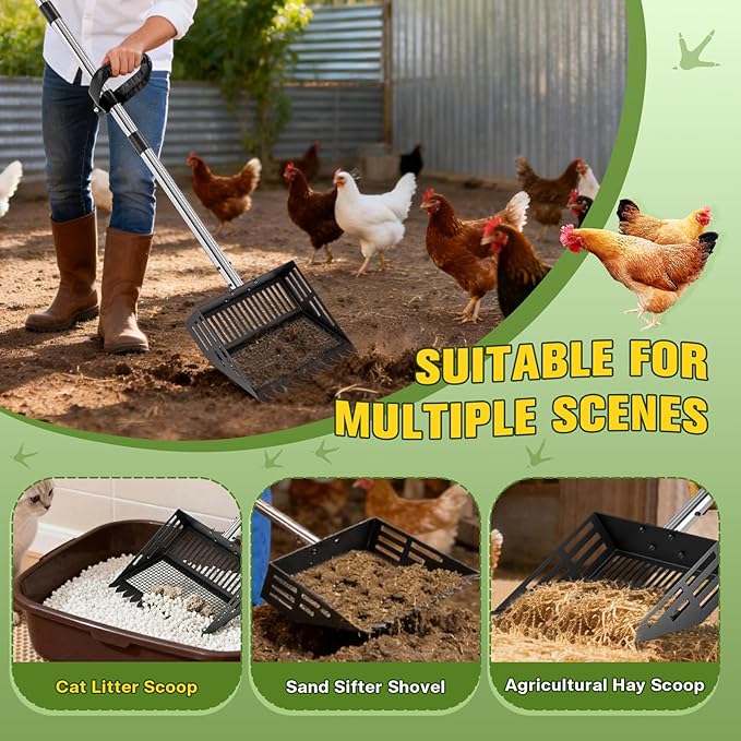 2-in-1 Chicken Poop Scooper & Rake with Ergonomic Non-Slip Handle, Adjustable Stainless Steel Handle (36–63"), Litter Cleaning Tools for Chicken Coop Farm Animals
