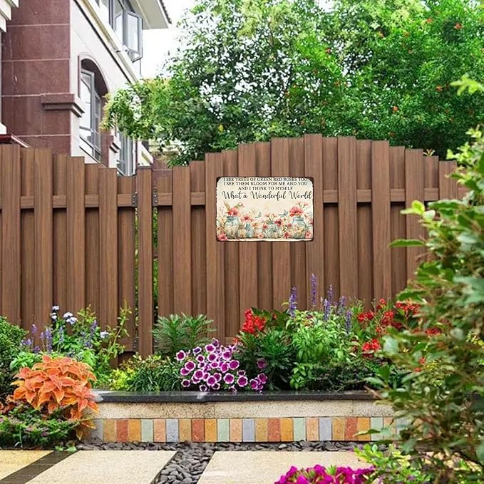 Flowers Metal Sign What A Wonderful World I See Trees Of Green Red Roses Too Tin Sign Garden Sign Wall Decor for Yard Garden Home Fence 12×8 Inch