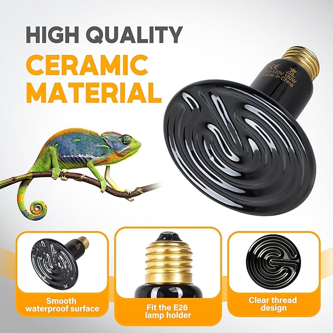 HealSmart 150W Reptile Heat Lamp Ceramic Heat Emitter, No Light Emitting Heat Bulbs, Suitable for Snake/Lizard/Spider, Plant Growth and Incubating Chicken, 2-Pack