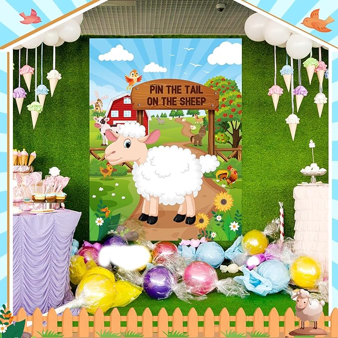 Faccito Farm Animal Games Pin The Tail on The Animals Barnyard Birthday Party Decorations Farm Poster Games with 24 Stickers 2 Eye Masks for Family Activities Birthday Party Decor Supplies (Sheep)