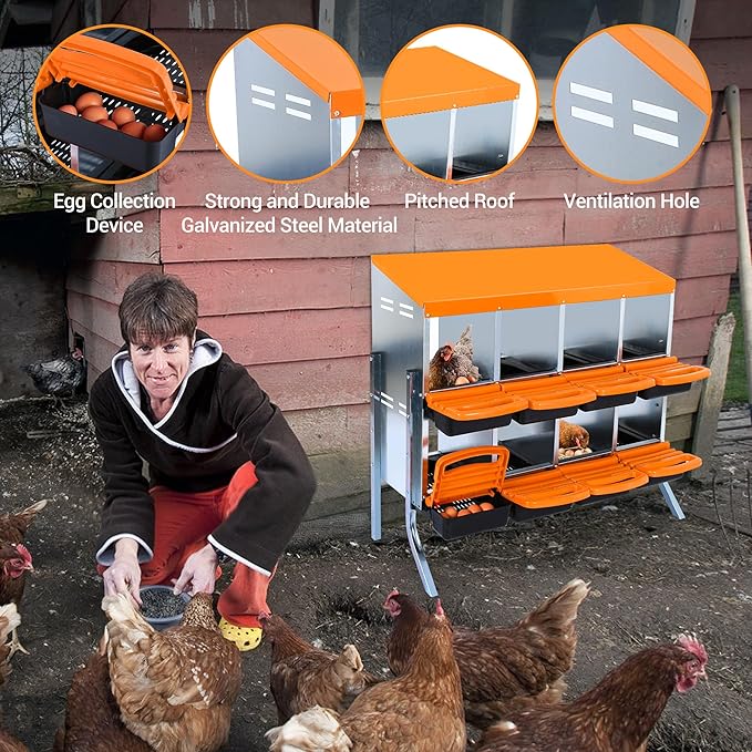 Chicken Nesting Box 8-Hole Roll Away Egg Laying Box with Lid & Stand, Galvanized Steel Rustproof Poultry Coop Box, Easy Clean, Wall Mountable No Bracket Needed for Hens, Orange