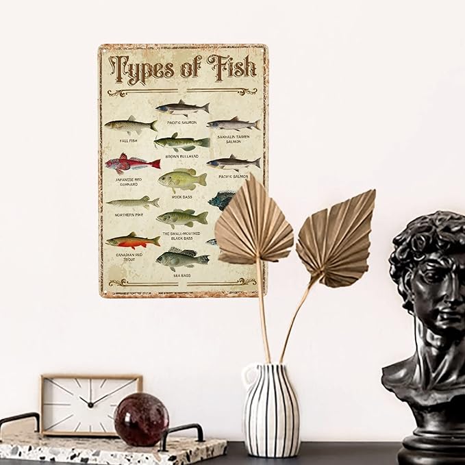 Fish Vintage Aluminum Sign Metal Types Of Fish Poster Wall Decor-Retro Fishing Decor Metal Tin Sign for Home Lake House Decor Bedroom Kitchen, Signs Gift,12''x 8''