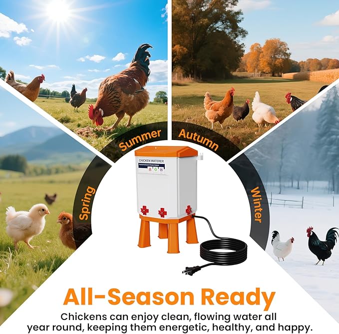 Heated Chicken Waterer 3.2 Gallon, Winter Water Heater, Freeze Proof Chicken Waterer, 4 Nipples for Clean Water，Detachable Legs, Adjustable Height for Chickens, Pigeons, Beaked Poultry