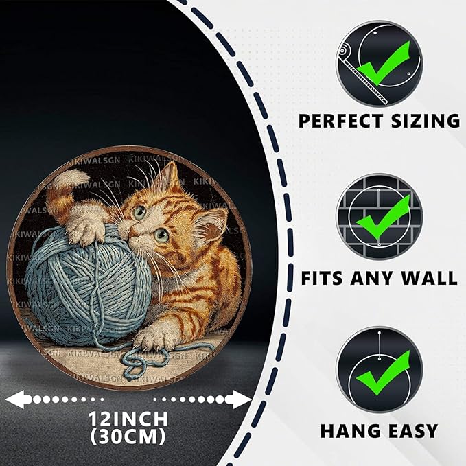 Vintage Orange Tabby Round Metal Sign Retro Yarn Ball Tin Sign Nostalgic Cat Lovers Wall Decor Decorations for Home Bedroom Living Room Cafe Bar Bathroom Shop 12 * 12 In