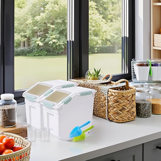 Saim Rice Container 25 lbs, Large Airtight Flour Storage Container with Wheels Measuring Cup, 2 Pack a Set BPA free Food Bin Grain Organizer Box for Dry Baking Supplies Kitchen Pantry Cereal (Green)