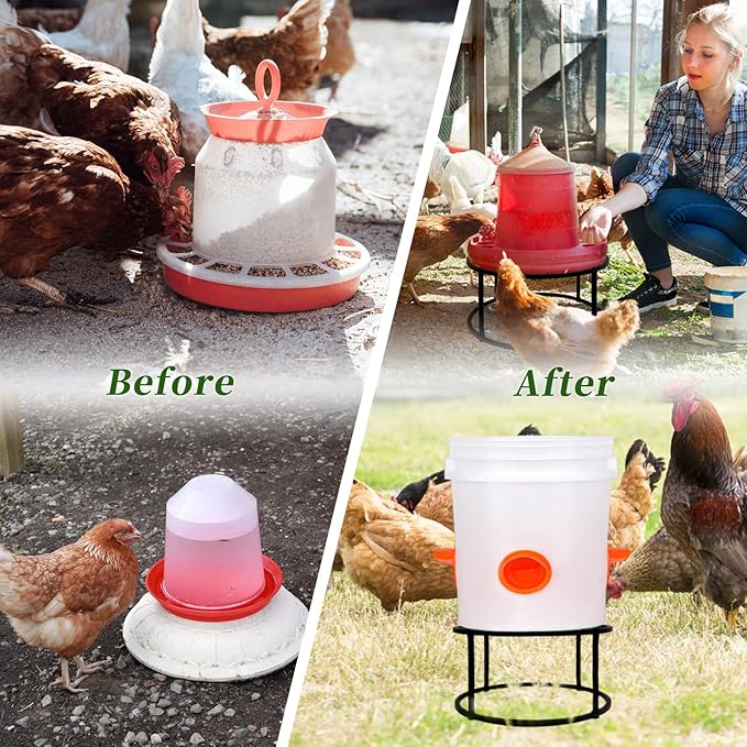 4Pcs Chicken Waterer Feeder Stand Metal Stand Rack with 4 Legs & Round Base Heavy Duty Supports Holder for Buckets Barrels Equipped Installed with Feeder Waterer Port for Coop Poultry Indoor Outdoor