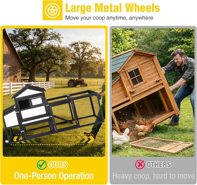 Aivituvin Mobile Chicken Coop with Wheels for 4-6 Chickens, Backyard Expandable Chicken House Duck Cage with Run, 2 Nesting Boxes, Easy Clean Pull-Out Tray, Leak-Resistant Asphalt Roof, 82.4"(Black)