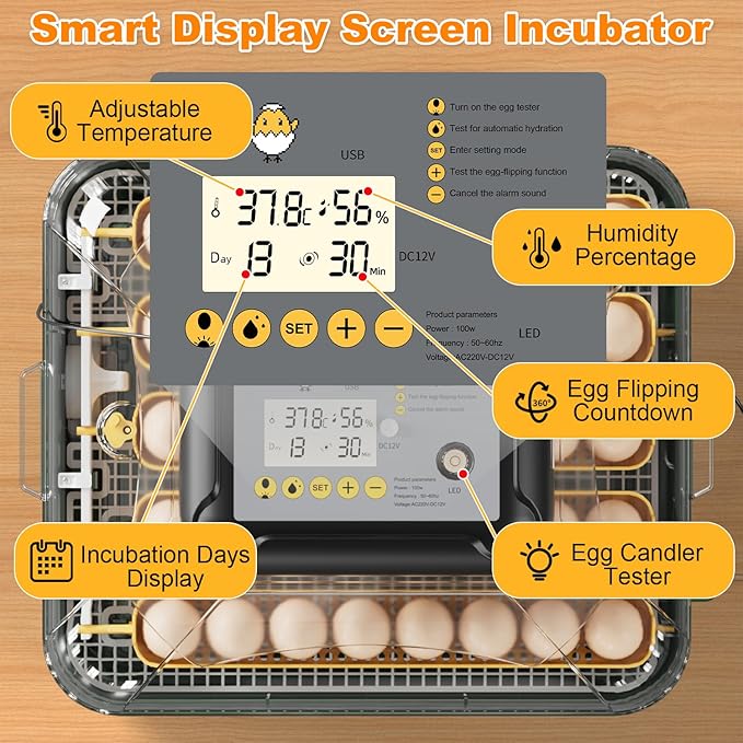 63 Egg Incubator for Hatching Eggs with Auto Egg Turning, High Precision Temperature & Humidity Display, Hatch Day, Egg Candler, Upgraded Motor, Incubator for Hatching Chickens, Higher Hatch Rate
