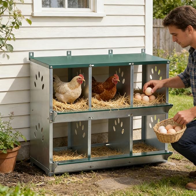 6 Compartment Metal Chicken Nesting Box, Roll Out Hen Laying Box for Easy Egg Collection, Wall Mount Poultry Nest Box for Backyard Chickens, Green, 32.09" L x 16.34" W x 26.38" H