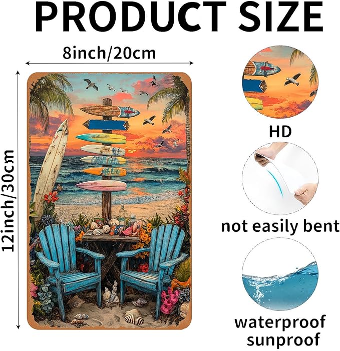Vintage Metal Sign Beach Surfing Boards Tin Sign Funny Walll Decor for Bar Kitchen Pubs Cafe Home Garage 12×8 Inch
