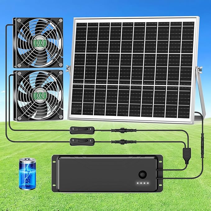 Solar Fan with Battery, Solar Fan for Greenhouse & Chicken Coop, Solar Fans for Outside, Solar Powered Exhuast Fans for Chicken Coop Doghouse Shed Circulation Vent Ventilation Cooling