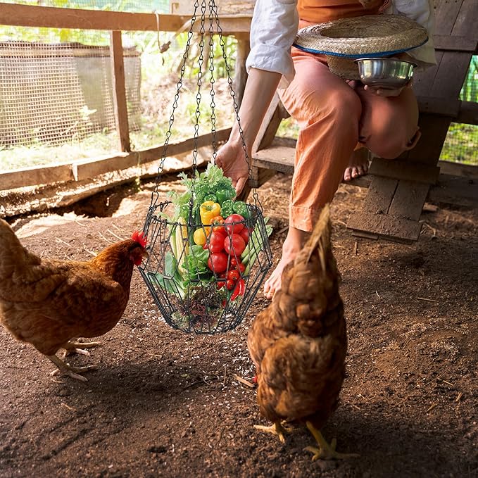 2 Pcs Hanging Chicken Feeder, Foldable Chicken Vegetable Fruits Feeder, Poultry Feeding Holder Basket with Hanging Chain, Veggie Treat Ball for Chicken Coop Accessories