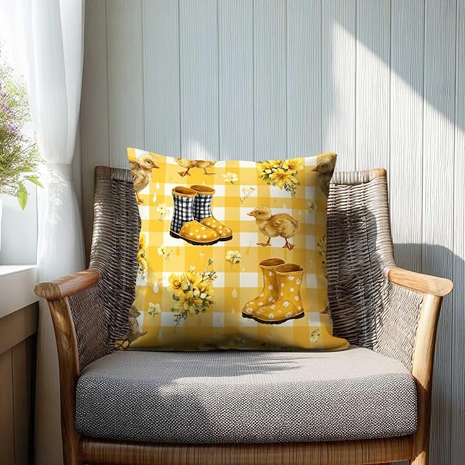 Duck Yellow Gingham Throw Pillow Covers 18x18 Inch, Set of 2 | Spring Farmhouse Square Cushion Cases for Couch Bedroom Nursery | Easter Farm Animal Home Decor, Decorative Pillowcases