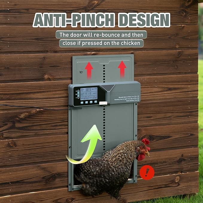 Large Automatic Chicken Coop Door, Solar Powered with Upgraded 4000mAh Battery, Light Sensor, Timer, Remote & Manual Control, Anti-Pinch Safety Auto Door for Chickens, Ducks & Geese, Grey