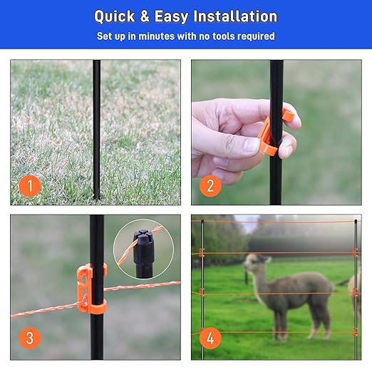 76Inch Electric Fence Posts 40Pack, Fiberglass Fence Post with 200 Adjustable Clips for Garden, Step-in Temporary Fence Stakes for Patio Yard Farm, Glass Fiber Fencing for Livestock Horse Cattle