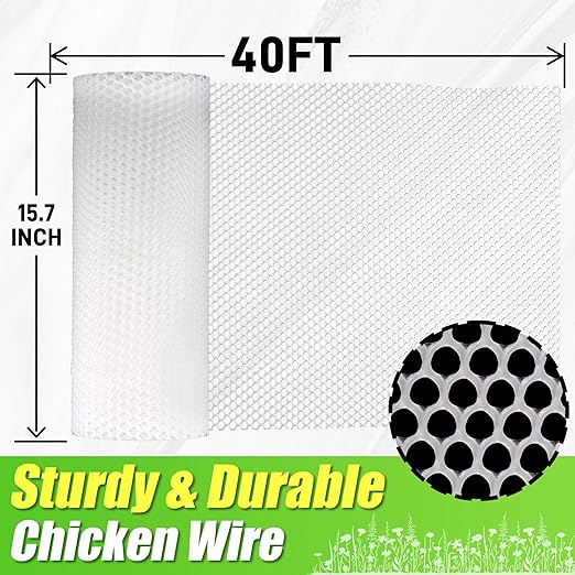 White Plastic Chicken Wire Mesh Fencing- 16in x 40ft Plastic Chicken Wire for Floral Arrangements, Poultry, Animal Barrier, Gardening