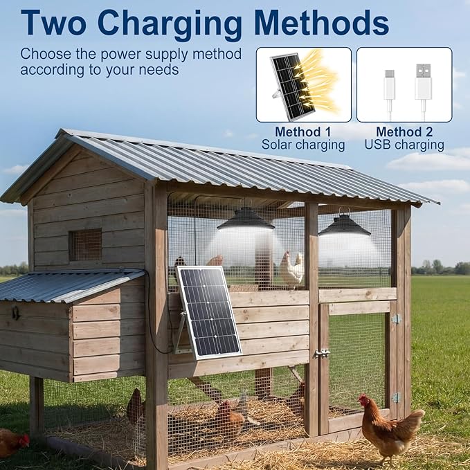 Solar Chicken Coop Shed Light with Time, Rechargeable Solar Hanging Ceiling Pendant Light Waterproof 13.1ft Cord, for Barn Greenhouse Gazebo Patio Poultry Pen Pet House(Black,10w)