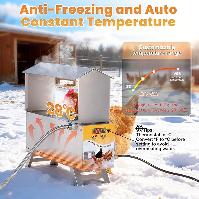 Chicken Waterer Heated 2 Gallon Chicken Water Heater for Winter Stainless Steel Poultry Drinker Heater Anti Freezing Watering Dispenser for Coop, Thermostatically Controlled