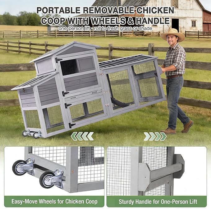 80" Large Chicken Coop on Wheels, with Run, Outdoor Wooden Hen House with Nesting Box, Leakproof Pull-Out Tray & Waterproof Roof, for 4–6 Chickens