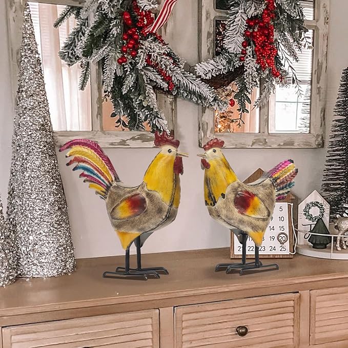 MODE HOME Set of 2 Rustic Metal Rooster & Hen Figurines, Hand-Painted Farmhouse Chicken Decor, Waterproof Indoor Outdoor Yard Garden Statues for Kitchen, Patio & Home Decor