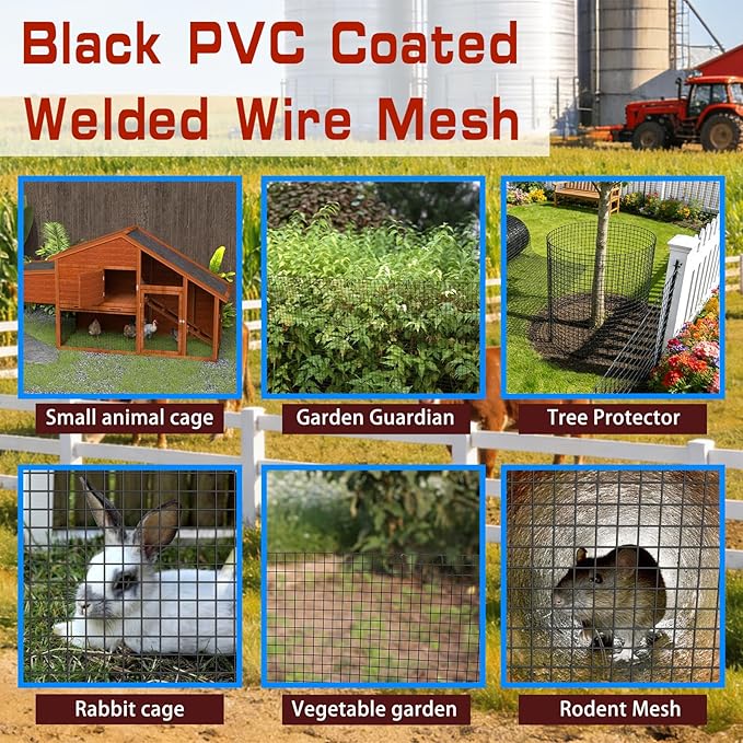 Black Hardware Cloth 1/2in 48inx100ft, Chicken Wire Fencing, PVC Coated Metal Welded Wire Mesh Roll, for Rabbit Snake Groundhog Gopher Netting Cage Vegetable Garden Fence Animal Barrier