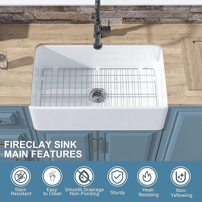 White Farmhouse Sink 30 x 18 Inch, Firecaly Apron Front Undermount Farm Kitchen Sink Single Bowl, with Custom Accessories 2 Types, for Kitchen, Laundry, Small Space