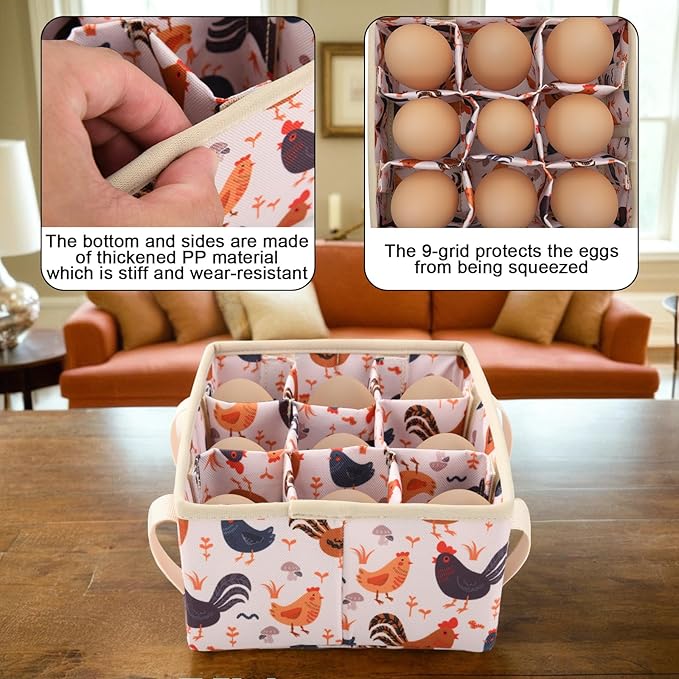 Eggs Collecting Basket, Egg Bags with 9 Pouches, Durable Canvas Eggs Holder with Bottom PP Board, Collector & Container for Duck, Chicken, Goose Egg