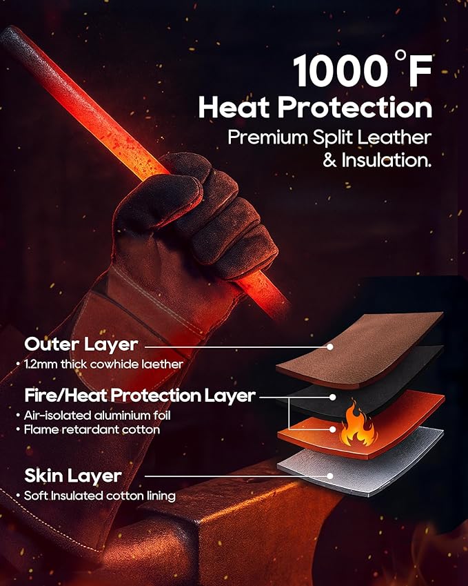 TOPDC Welding Gloves 16Inch 1000℉Heat/Fire Resistant Reinforced Leather Fireproof Gloves with Kevlar Stitching for Mig, Tig, Stick, Forge, BBQ, Grill, Oven, Fireplace, Furnace, Animal Handling, MEDIUM