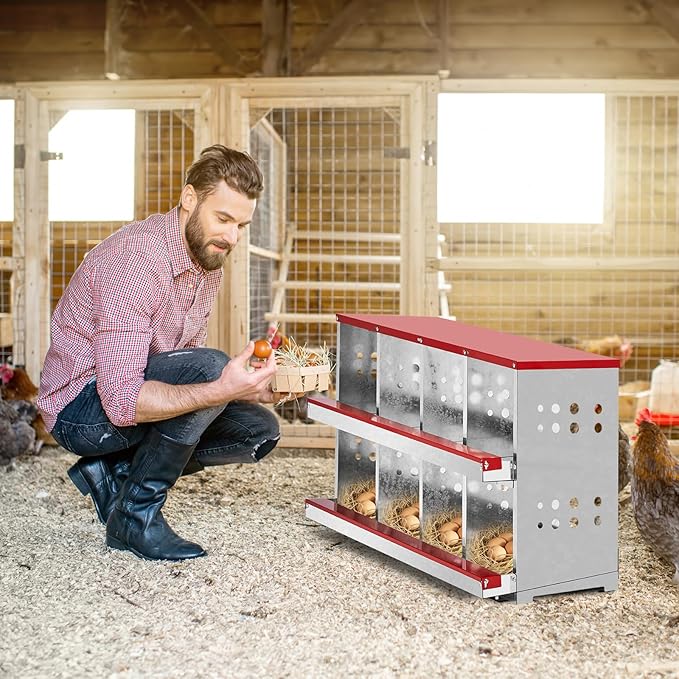 Chickens Nesting Boxes for Laying Eggs,8 Compartment Metal Chickens Laying Boxes with Roll Out Egg Collection & Basket & Vented Holes,Heavy Duty Egg Nest Box Chicken for Hens Chicken Coop Box