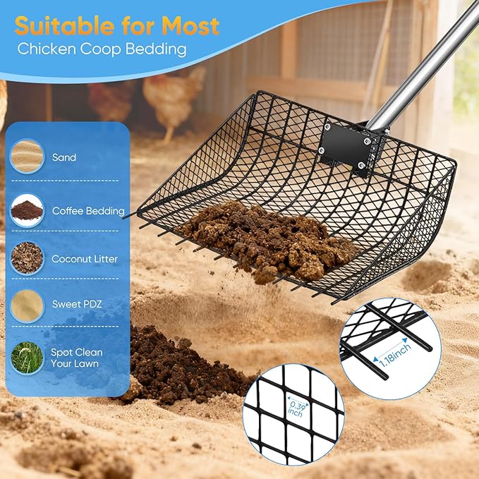 12inch Large Metal Chicken Poop Scooper for Sand with Ergonomic Grip, Adjustable Angle 2 in 1 Chicken Coop Scoop & Rake (39-66"), Stainless Steel Litter Sifting Shovel Chicken Coop Cleaning Tool, Farm