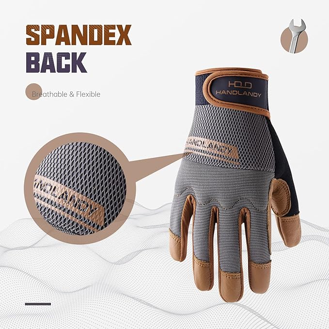 HANDLANDY Leather Work Gloves Mens & Women, Utility Safety Mechanic Working Gloves Touch Screen, Flexible Breathable Yard Work Gloves (Large, Brown-Cowhide Palm)