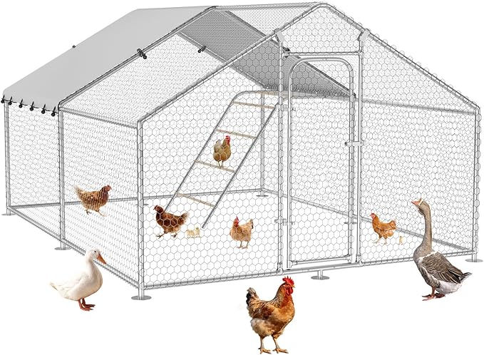 Large Metal Chicken Coop with Roosting Perch, Waterproof and UV-Resistant Cover, Outdoor Walk-in Cage Hen House for Yard Farm Rabbit Duck Chicken Run Spire Roof (10’ W x 13.2’ L x 6.4’ H)