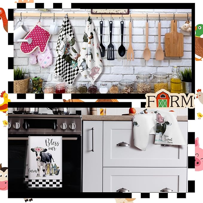 Geyoga 4 Pcs Chicken Kitchen Towels Rooster Dish Hand Towels Farm Animal Cow Vintage Rustic Tea Cloth for Spring Easter Bathroom Farmhouse Decor Gifts, 16 x 24 Inch(Vintage Color,Farm Animals)