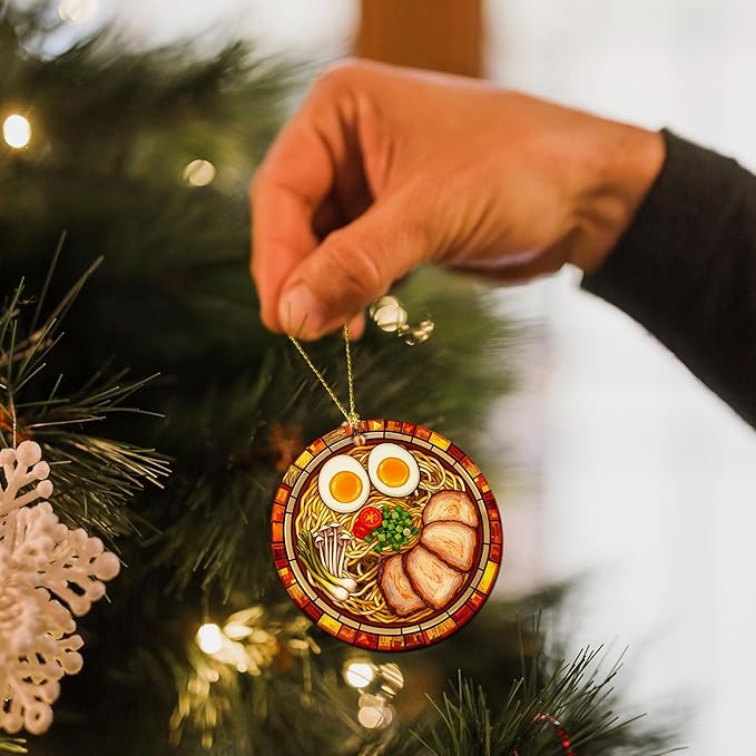 Ramen Ornament for Noodle Ramen Lovers, Women, Men - Food Ornaments for Christmas Tree - Noodles Bowl Ceramic Ornament