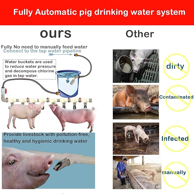 Complete Set Pipeline Stainless Steel Pig Waterer System,Pig Waterer Nipples with Water Tank Connector,Automatic Pig Nipple Water Drinker,Pig Nozzle Nipple Drinker,Pig Water Nipple for Hog Piglet Goat