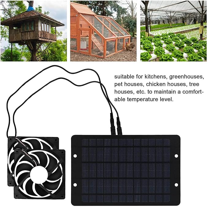 Solar Powered Exhaust Fan Kit, 10W 12V Solar Panel Dual Fan Greenhouse Exhaustfan Kit with Independent Switch for Chicken Coop Shed Barn Doghouse RV