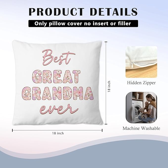 Great Grandma Gifts Pillow Covers 18x18, Best Great Grandma Gifts for Birthday Mother's Day, Best GG Grand Mother Ever Pink Floral Throw Pillow Covers for Couch Bed Home Bedroom Living Room